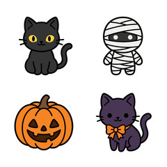 Fototapeta premium Set of cute pixel art Halloween characters including a black cat, mummy, pumpkin, and purple cat with bow, isolated vector illustration