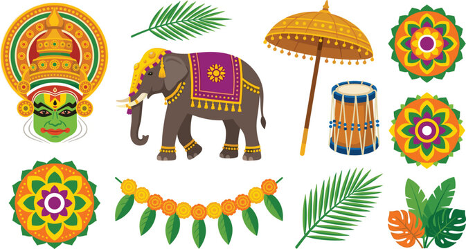 Colorful Onam Festival Vector Element Set Featuring Kathakali Mask Decorated Elephant Pookalam Floral Rangoli Umbrella and Marigold Garland Illustration