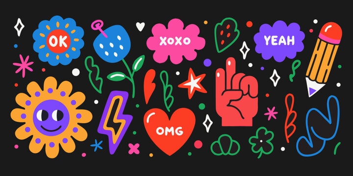 Colorful Doodle Stickers Collection Gen Z Style Vector Illustration