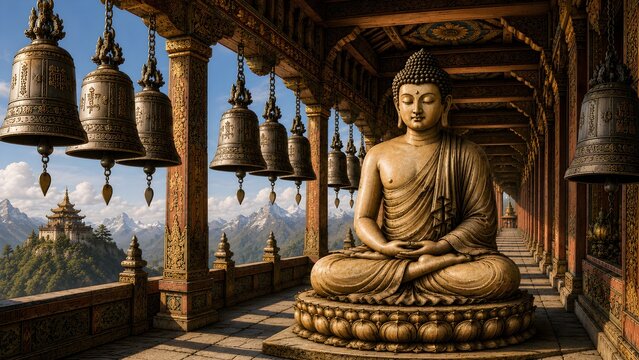 Majestic Buddha Statue with Temple Bells in Himalayan Monastery Corridor