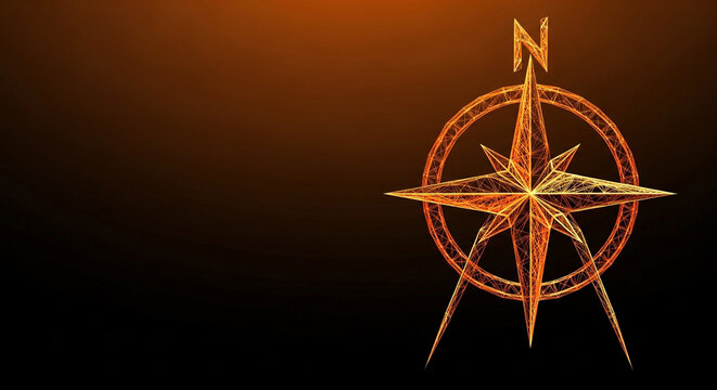 Golden compass with glowing orange light on black background navigation symbol