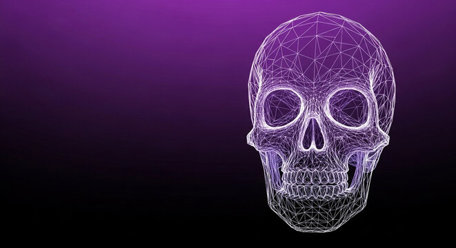 Purple wireframe skull on a dark gradient background