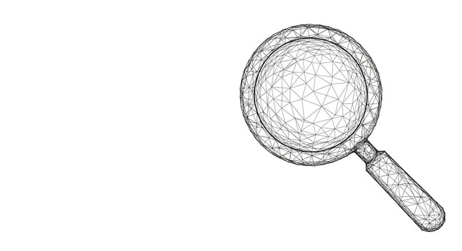 Wireframe magnifying glass with a geometric pattern on a white background for search and investigation purposes