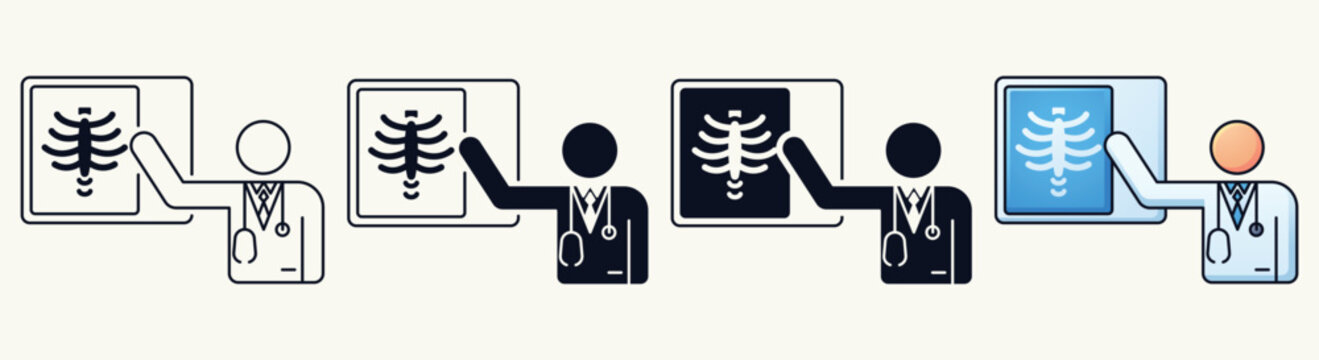 Doctor Pointing at X-ray Outline and Color Illustration Set