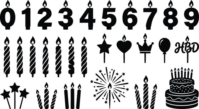 Birthday Candle Number and Celebration Vector Silhouette Set Featuring Cake Spiral Candles Firework Sparkler and Party Icons for Anniversary Graphic Designs