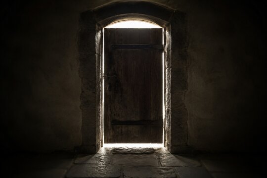 A heavy oak door closed with bright light outside and deep shadows.
