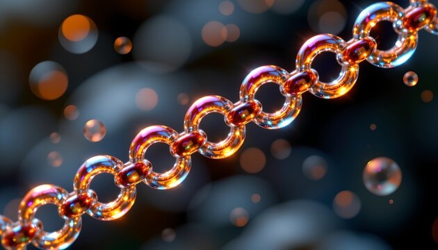 The image features a close up of a metallic chain with interlinked oval shaped loops, showcasing a shiny and reflective surface that appears to be made of rose gold or copper
