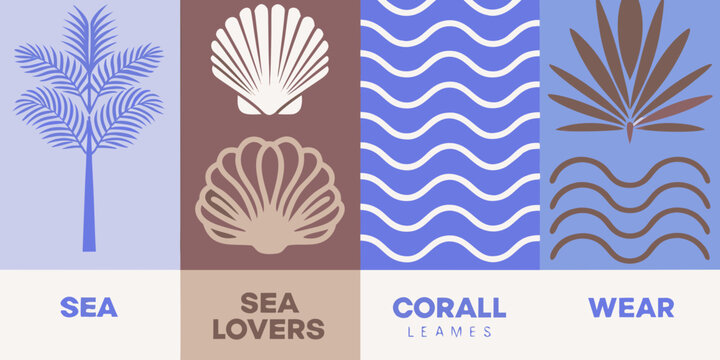 Palm tree seashell and wave patterns in a four panel vector illustration