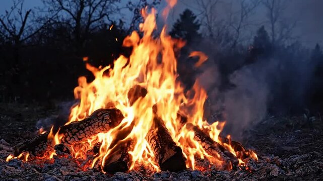 Intense Wildfire Flames Burning Through Forest Landscape at Night.