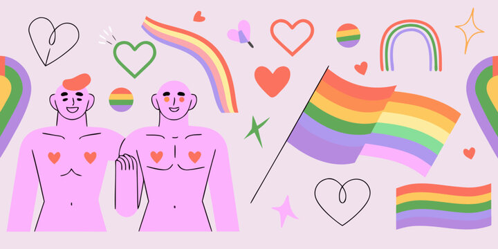 Pride themed vector illustration featuring rainbow flag hearts and figures