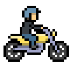 Fototapeta premium Cute 8 bit pixel motorbike illustration, man riding a motorcycle with helmet