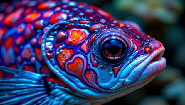 The image features a close up of a brightly colored fish with a vivid pattern of red, blue, and orange markings on its body