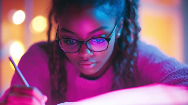 Young girl studying with focus under colorful lights in a cozy room. Capturing the essence of creativity and learning in a vibrant environment. Generative AI