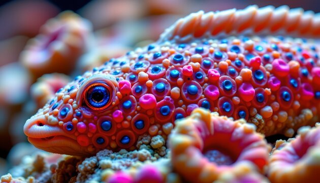The image features a close up view of a small marine creature, likely a type of colorful sea slug or nudibranch, resting on a coral reef