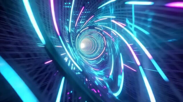 Futuristic neon light tunnel moving at warp speed