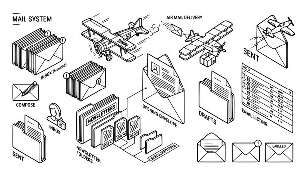 Corporate email communication vector outline icons for software dashboard and technology app template