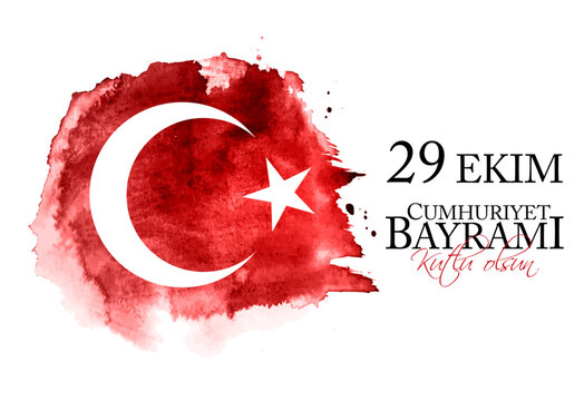 Watercolor painting of the Turkish flag with Republic Day text and splatters