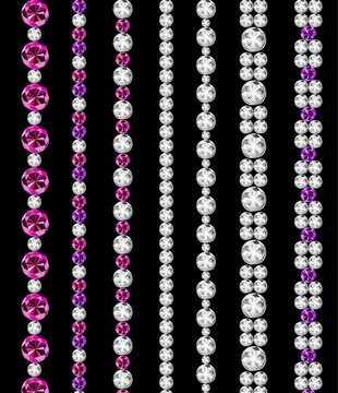 Repeating pattern of colorful gems and diamonds on a black background sparkling jewelry design