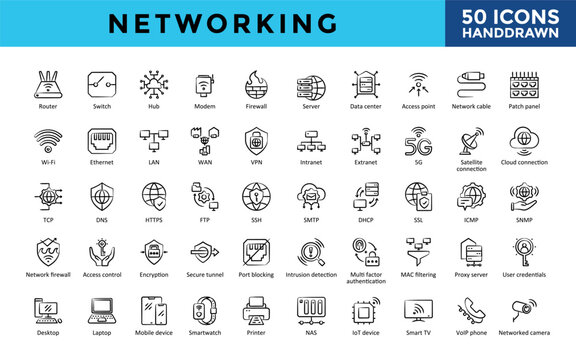 Networking icons set with router, switch, hub, modem, firewall, server, data center, access point, network cable, patch panel icon. Simple handdrawn vector 
