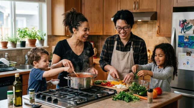 A family cooking together in a kitchen, with a young boy and girl helping, and a woman and man in the middle.