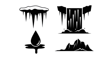 Nature elements including waterfall, icicles, and mountain silhouettes. © tukang