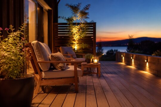 A serene wooden deck bathed in twilight's golden glow, embodying minimalist elegance.