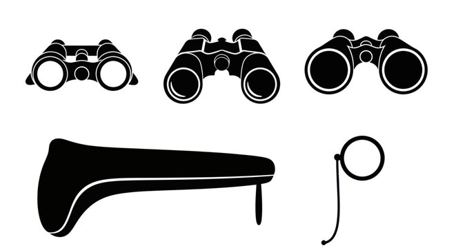 Silhouettes of binoculars, monoculars, and eyewear accessories.