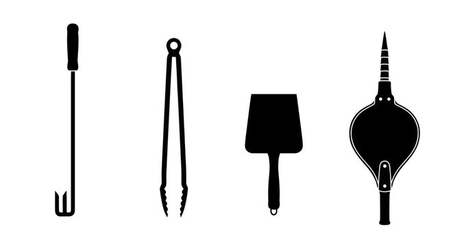 Traditional fireplace tool set with bellows and poker.