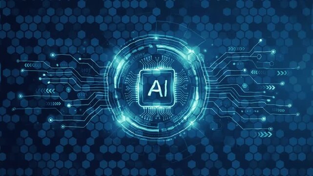 Futuristic artificial intelligence microprocessor with glowing circuit board and neural network
