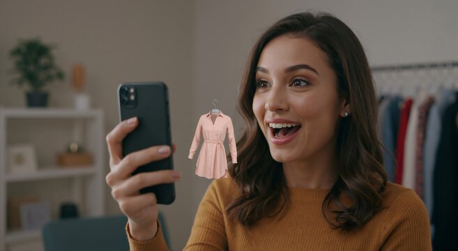 Young smiling woman using smartphone for augmented reality try-on of pink dress. Virtual shopping and modern fashion technology concept.