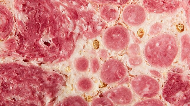 yanked. Close-up of a mortadella slice showing its marbled pattern of meat and fat. menu design, packaging mockups, designed for food delivery and cloud-kitchen brand materials, used by hr managers.