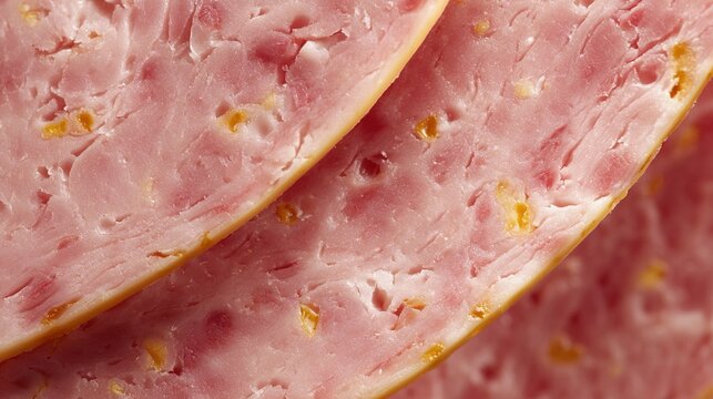 yanked. Close-up of a mortadella slice showing its marbled pattern of meat and fat. menu design, packaging mockups, designed for food delivery and cloud-kitchen brand materials, used by hr managers.