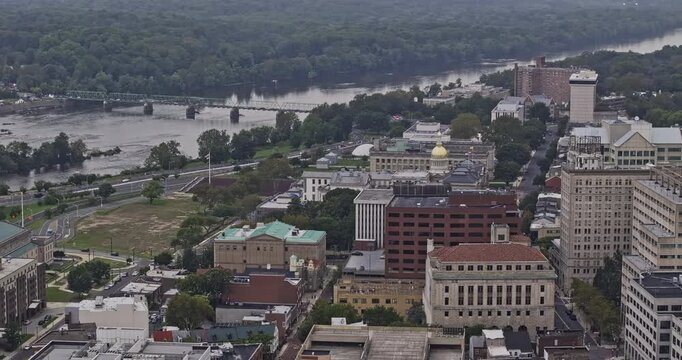 Trenton New Jersey Aerial v3 zoomed birds eye view flyover riverside downtown district capturing Delaware river views, urban cityscape and State House - Shot with Mavic 3 Pro Cine - September 2023