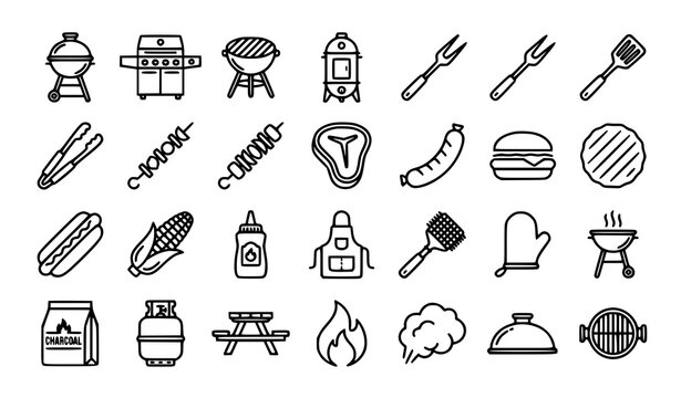 Barbecue and grilling icon set linear style vector graphics