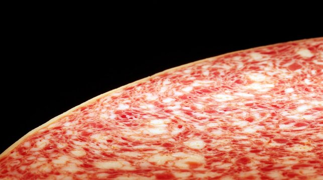 yanked. Close-up of a mortadella slice showing its marbled pattern of meat and fat. menu design, packaging mockups, designed for food delivery and cloud-kitchen brand materials, used by hr managers.