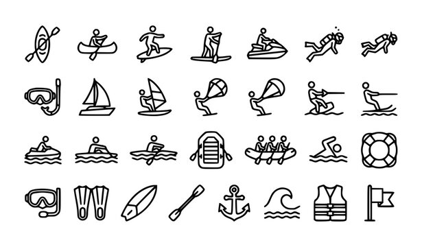 Water sports and activities icon set
