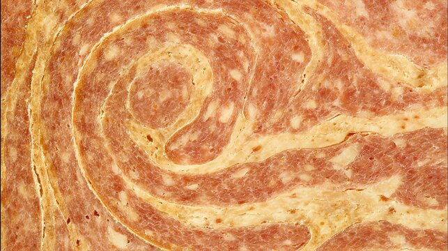yanked. Close-up of a mortadella slice showing its marbled pattern of meat and fat. menu design, packaging mockups, designed for food delivery and cloud-kitchen brand materials, used by hr managers.