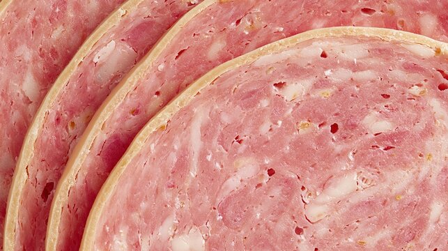 yanked. Close-up of a mortadella slice showing its marbled pattern of meat and fat. menu design, packaging mockups, designed for food delivery and cloud-kitchen brand materials, used by hr managers.