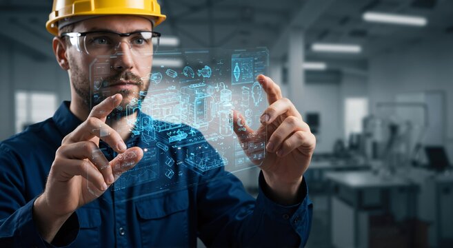 Man engineer interacting with virtual engineering project. Smart factory technology on digital display for industrial management and design application.
