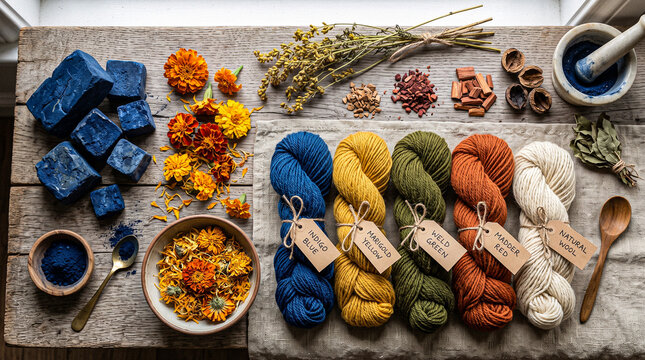 Artisan workshop table featuring naturally dyed wool yarn skeins, indigo, and raw botanical ingredients