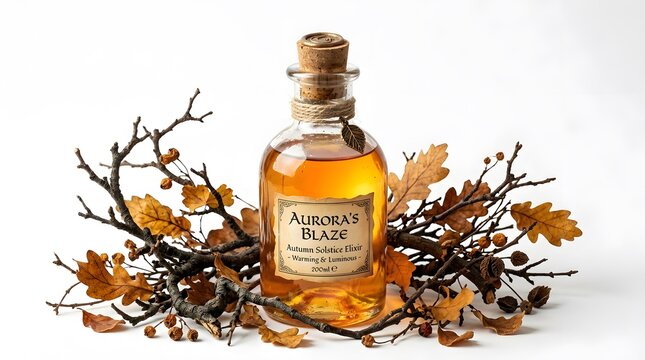 Glass bottle of auroras blaze autumn solstice elixir isolated on white background