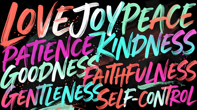 Artistic text displaying positive virtues such as love, joy, and peace. Suitable for inspirational prints, greeting cards, and social media.