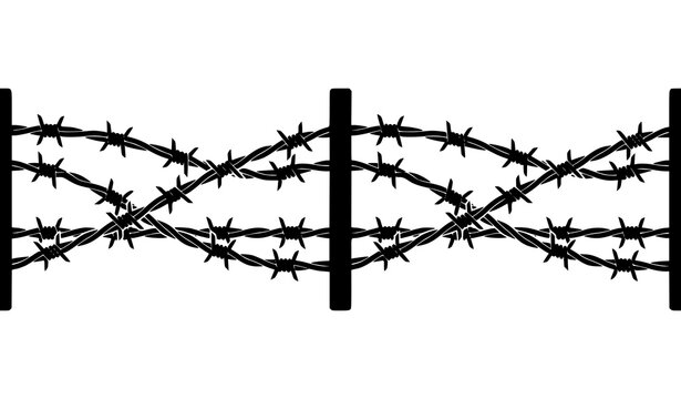 Black and white illustration of barbed wire fence with wooden posts
