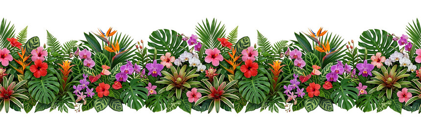 Obraz premium Vibrant tropical flower and foliage seamless border with orchids. hibiscus. and Bird of Paradise