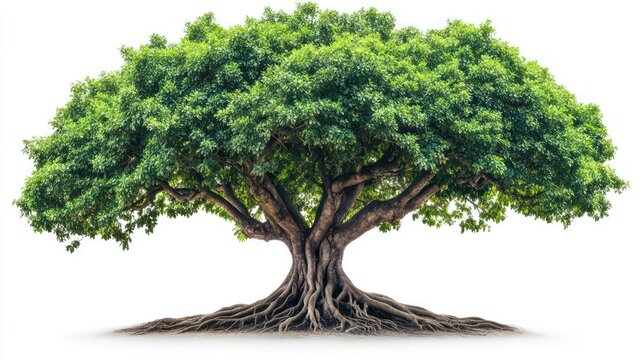 Lush green tree with extensive roots, isolated on white background, for nature, environmental, or educational purposes