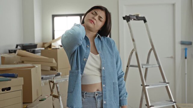 Woman rubbing neck and wincing amid stacked cardboard boxes, ladder and tools during moving in a building; relocation fatigue.