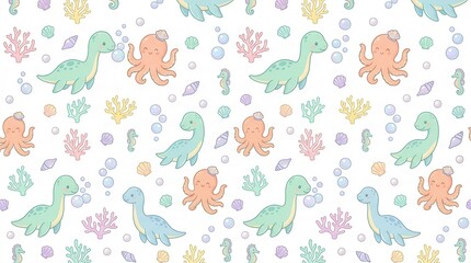 Obraz premium Cute cartoon plesiosaurs and octopuses play with bubbles in a delightful ocean scene