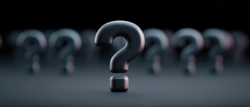 Row of black question marks on gray surface with dark background