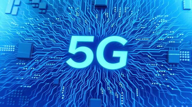 5 g network technology concept: digital circuit board background, with glowing data connectivity