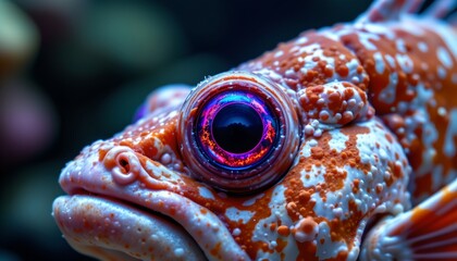The image features a close up of a marine creature with vibrant, textured skin that is predominantly orange and white, with a bumpy and patterned surface
